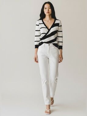 Ricki’s Wrap Front Sweater Deep V Neckline Thin Knit Black & White Stripes XS